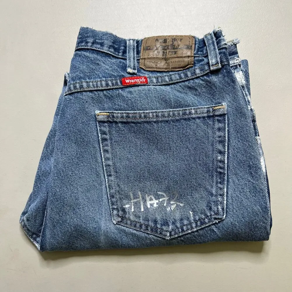 Vintage‎ Wrangler Jeans Mens Actual 34x28.5 Light Wash Straight Denim distress